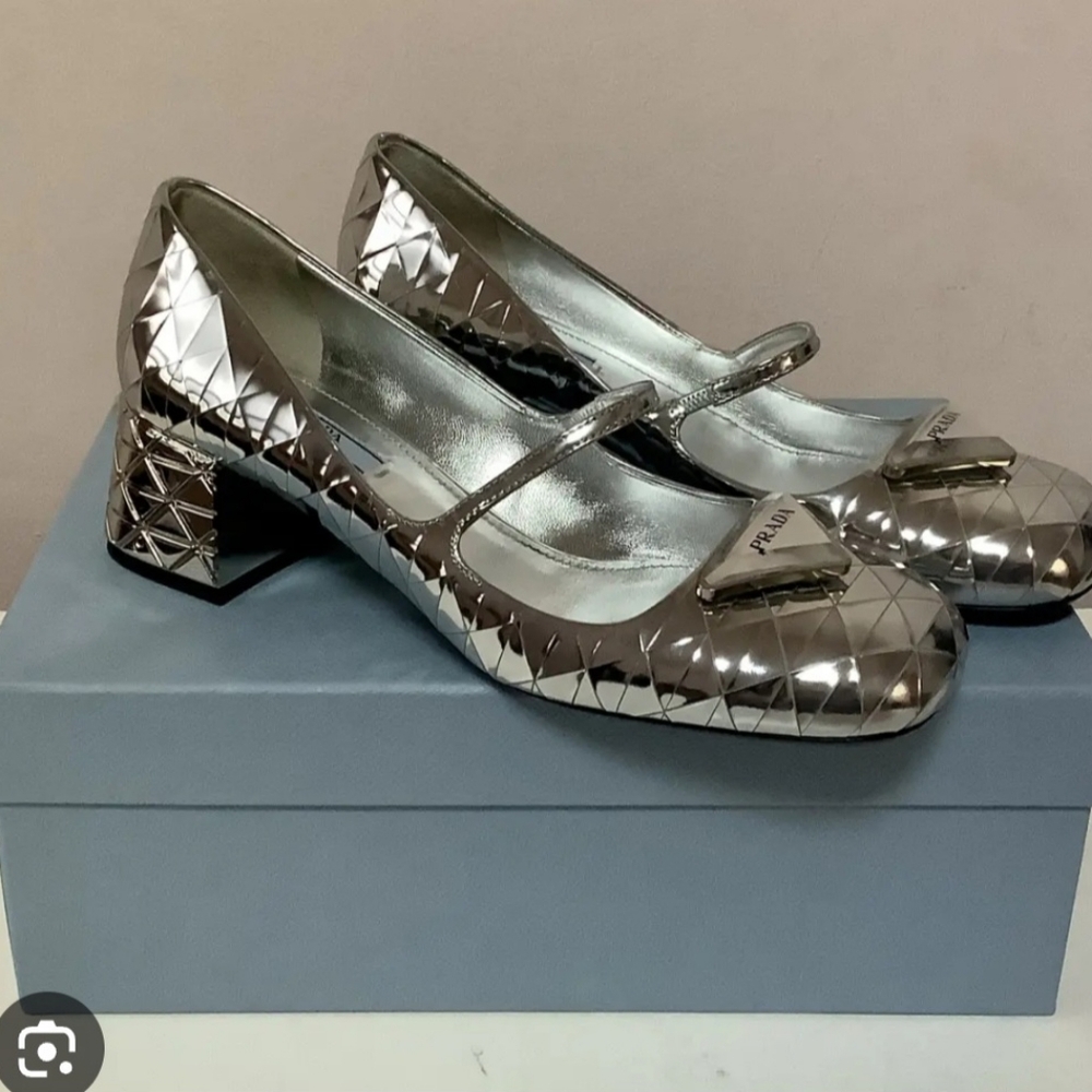 Prada Metallic Silver Quilted Heels